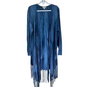 Live and Let Live Fringe Boho Cardigan Duster XL Blue Festival Layer